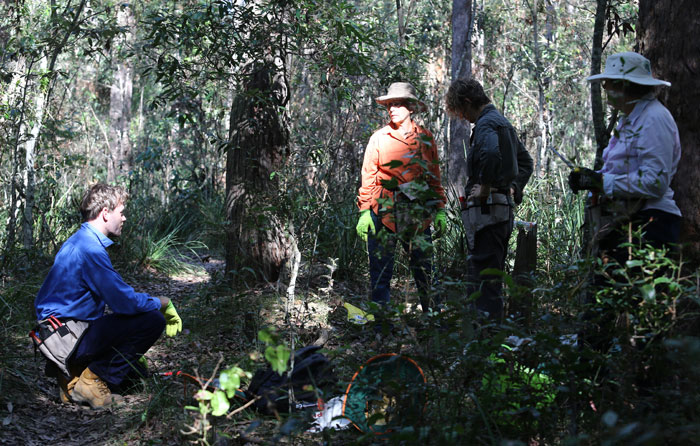 After arriving at the entrance to Dingley Dell, a group of Dawn Road Reserve Bushcare volunteers discuss the best plan of action.